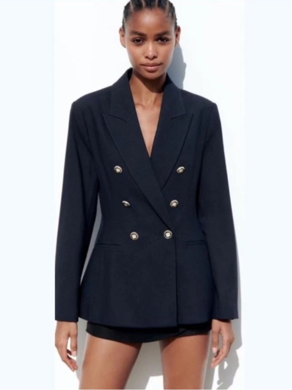 Zara Navy Blue Double-Breasted Blazer with Gold Crest Buttons Small Women’s